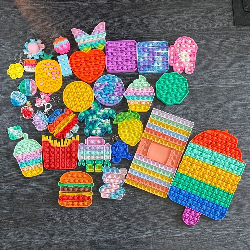 FIDGET Lot of 30+ Colorful Pop It Fidget Toys Burger Fries Popsicle Game EUC